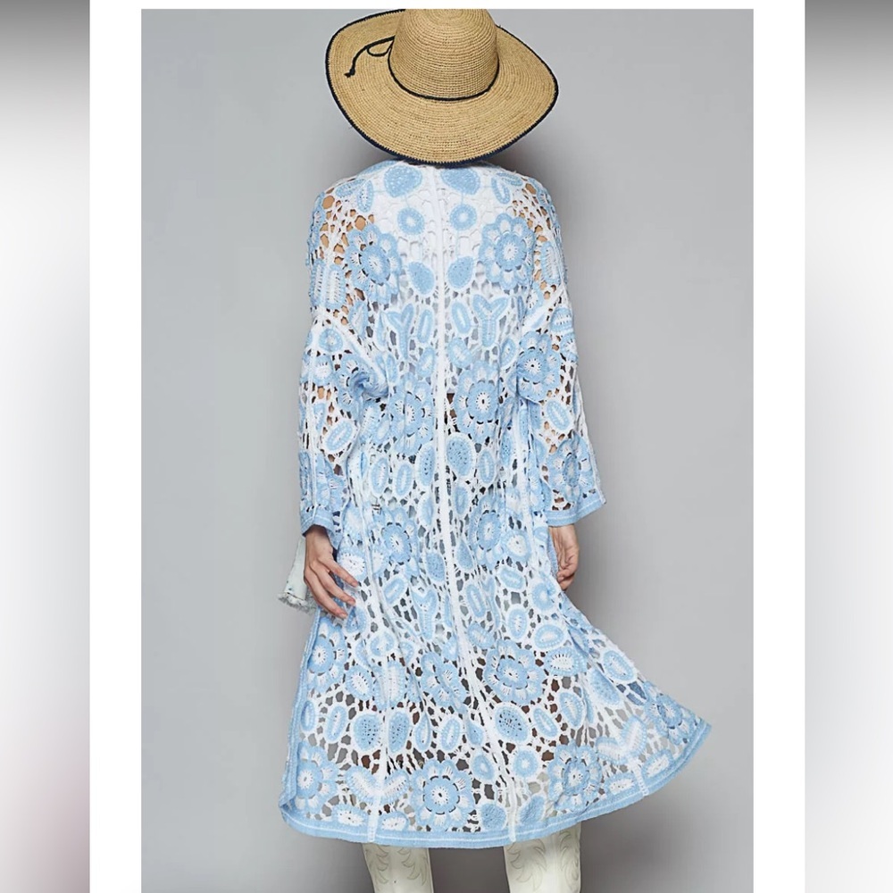 Nwt POL blue white one size Crochet Long Sleeve Knit Cardigan spring boho spring - Picture 2 of 4